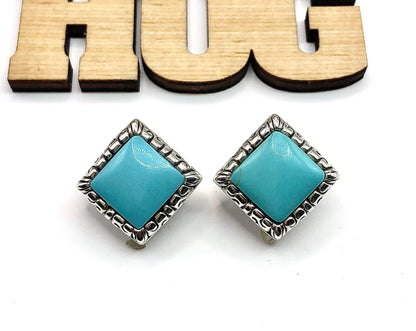 Sterling Silver Earrings, Big Blue Turquoise Stone Square Bold Earrings