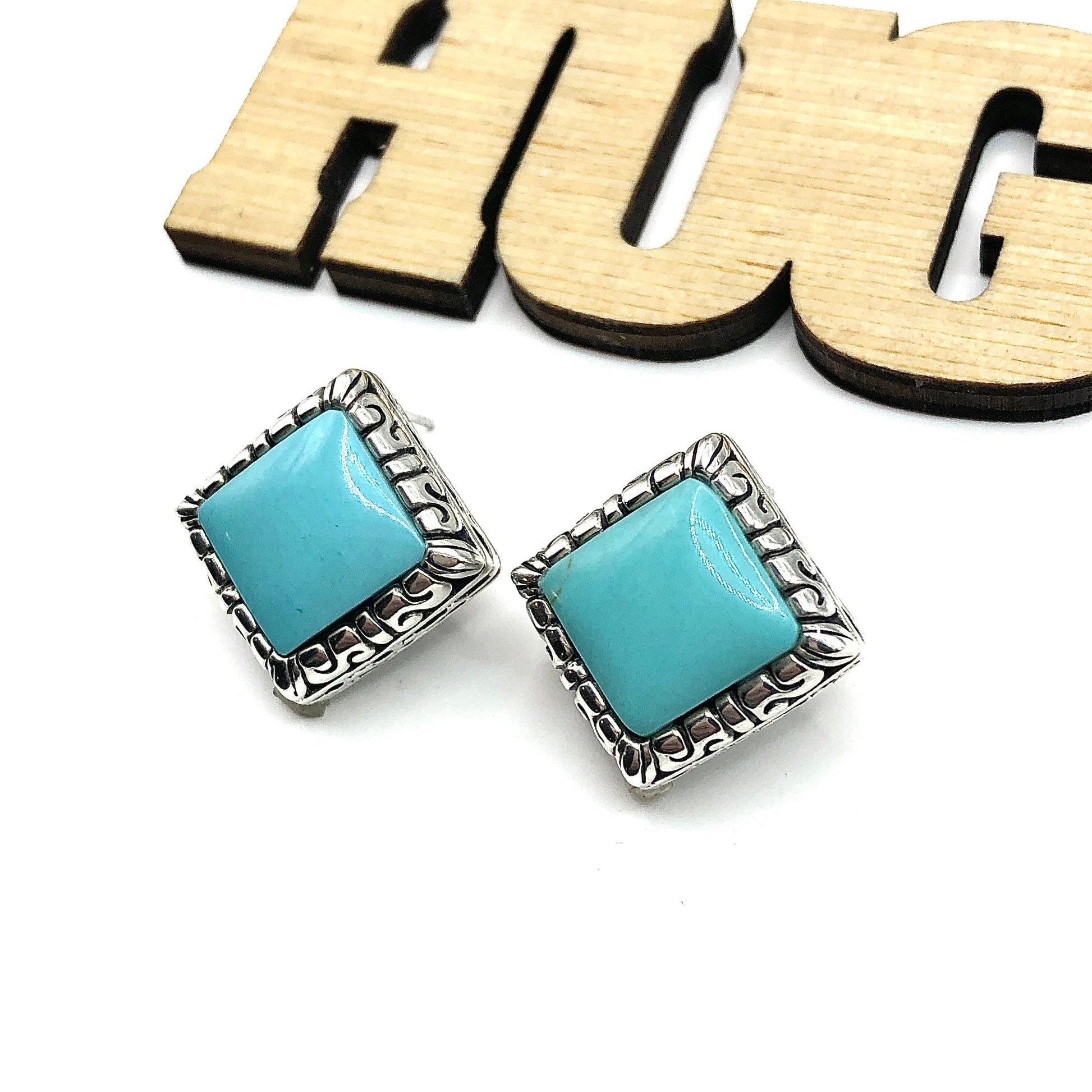 Sterling Silver Earrings, Big Blue Turquoise Stone Square Earrings