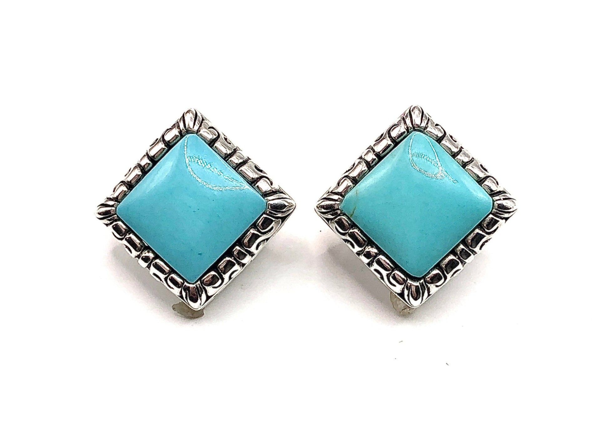 Sterling Silver Earrings, Big Blue Turquoise Stone Square Short Drop Stud Earrings - Buy best priced silver jewelry at Blingschlingers