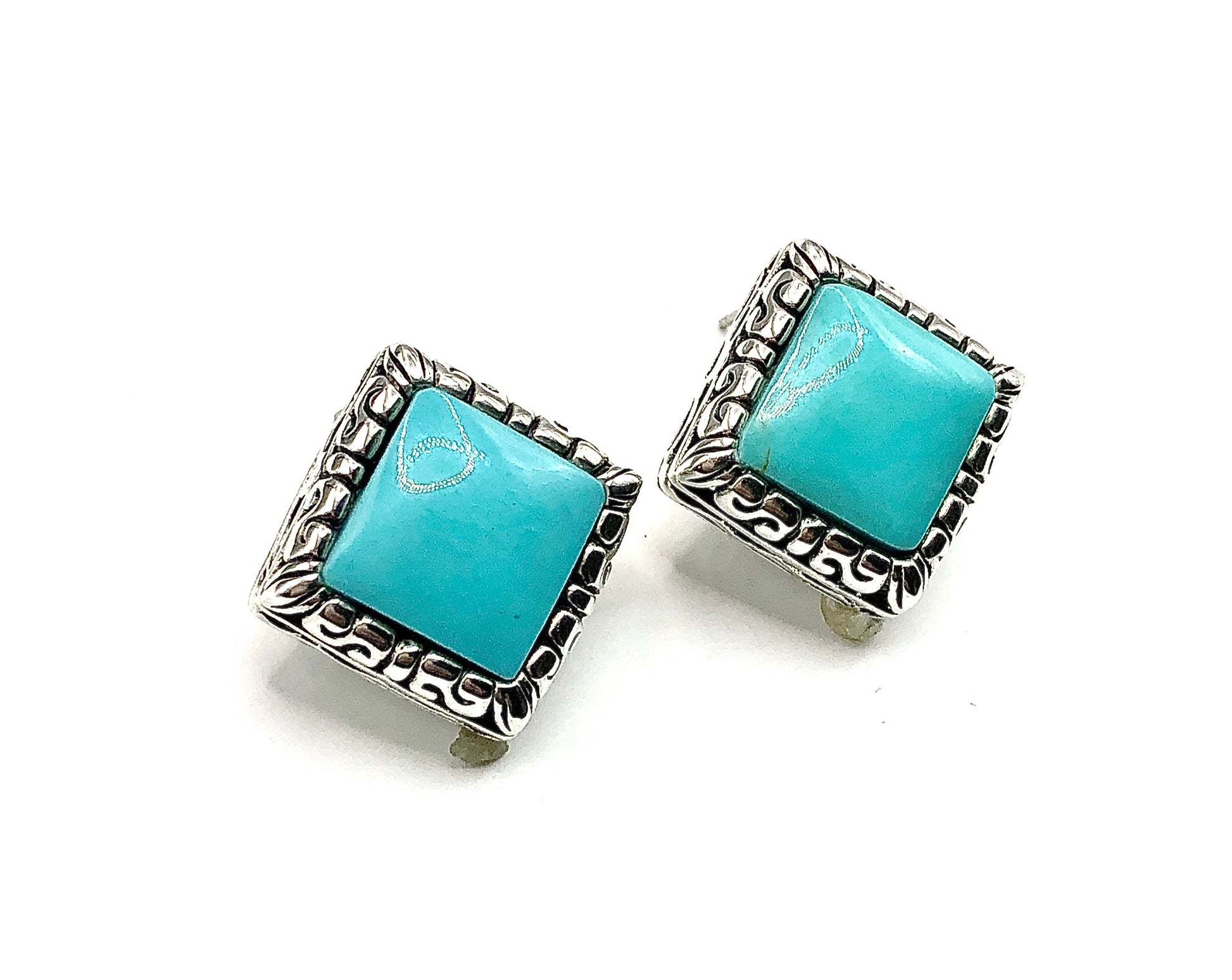 Sterling Silver Earrings, Big Blue Turquoise Stone Square Short Drop Stud Earrings - Blingschlingers