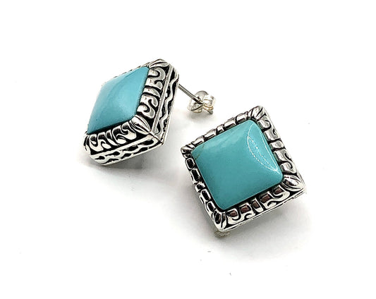 Sterling Silver Earrings, Big Blue Turquoise Stone Square Short Drop Stud Earrings