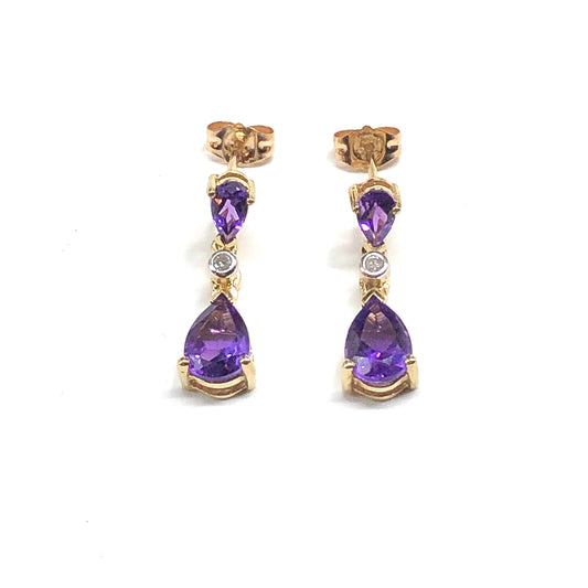 10k Gold Amethyst Earrings, Womens Delicate Purple Gemstone Diamond 10k Gold Dangle Earrings