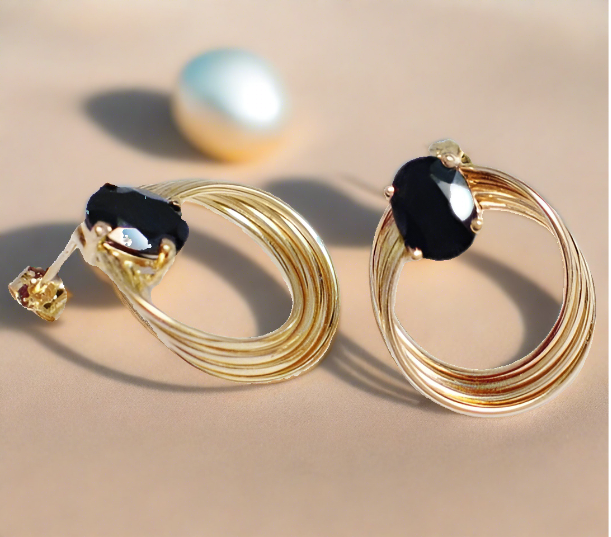 14k Gold Black Spinel Multi Ring Hoop Earrings