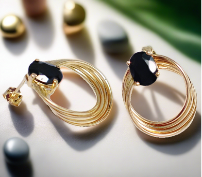 14k Gold Black Spinel Multi Ring Hoop Earrings - Pre-owned