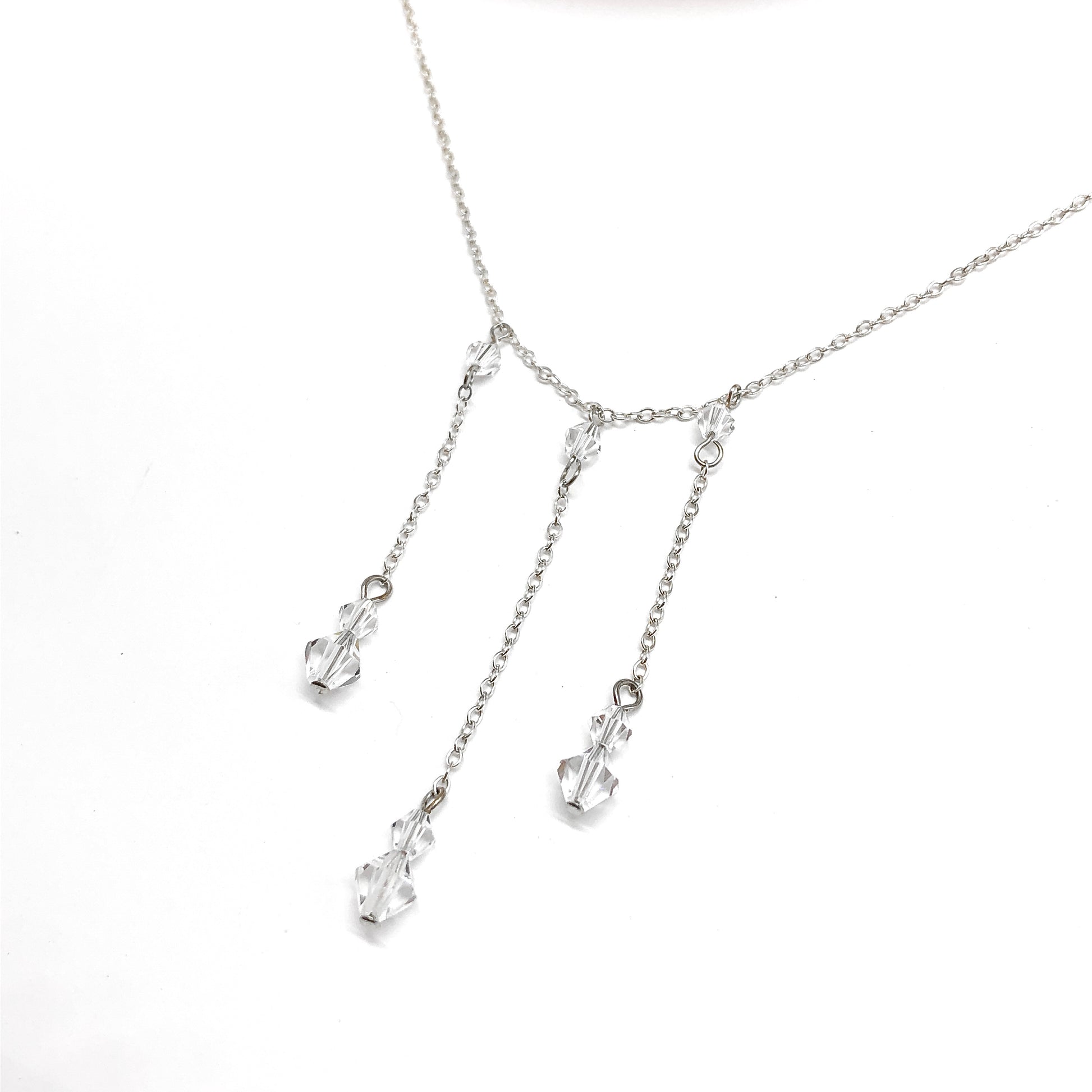 16" Sterling Silver Clear Crystal 3 Strand Tassel Necklace