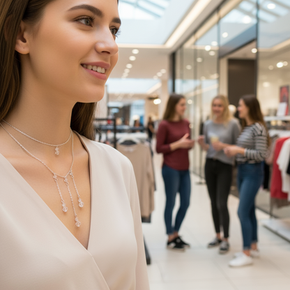 Girl wearing a sterling silver crystal tassel necklace in the mall with people in the background