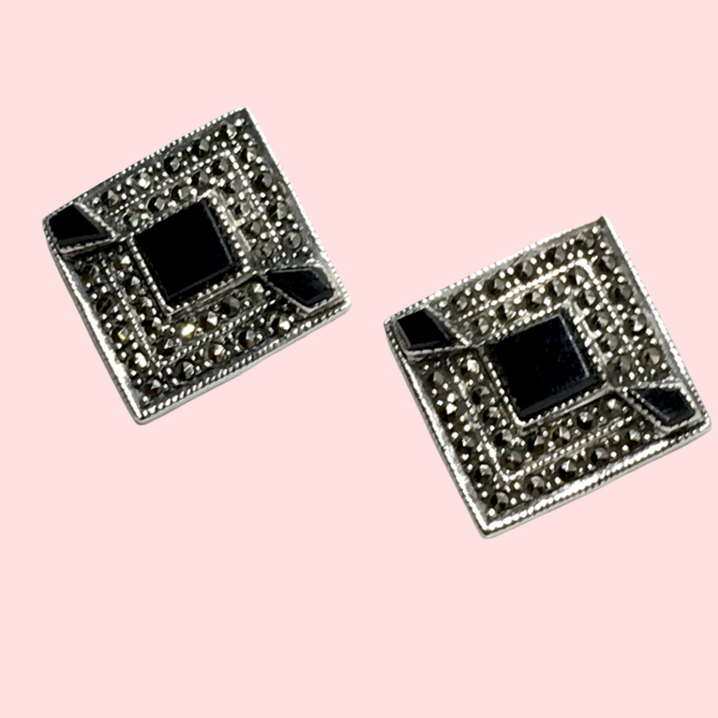Marcasite Black Onyx Diamond Design Sterling Silver Earrings