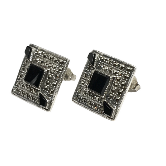 Marcasite Black Onyx Diamond Design Sterling Silver Earrings