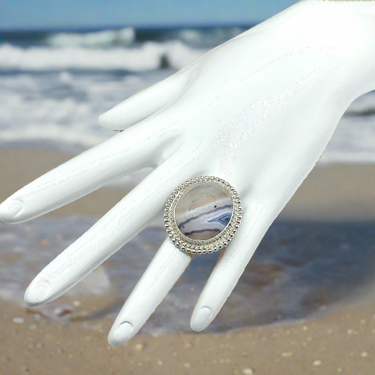 Large Denim Blue Banded Agate Stone Sterling Silver Ring - sz9.5