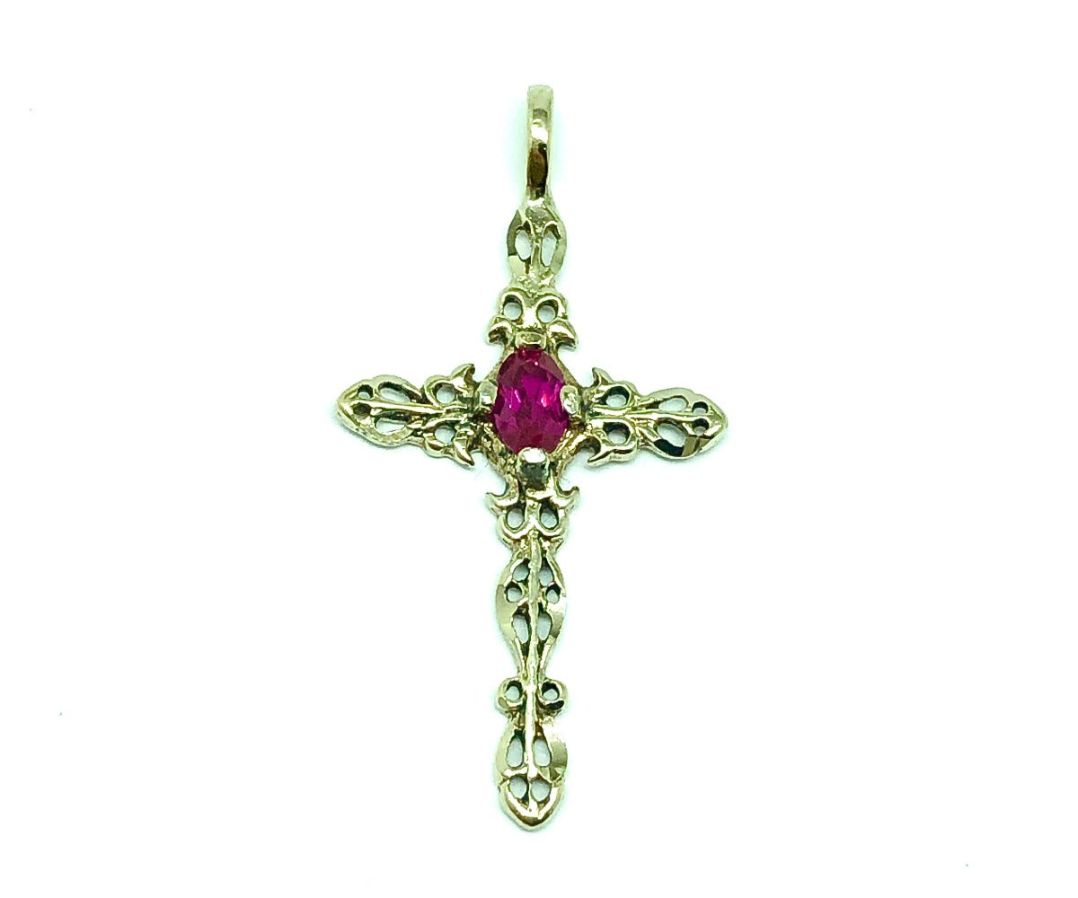 Gold Cross Pendant Sterling Silver Ruby Stone Rustic Filigree Style