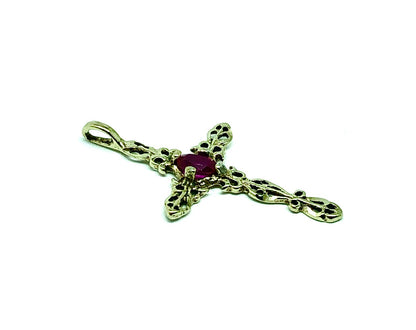 Used Jewelry  Pendant Womens Ruby Gold Sterling Silver Filigree Cross Pendant
