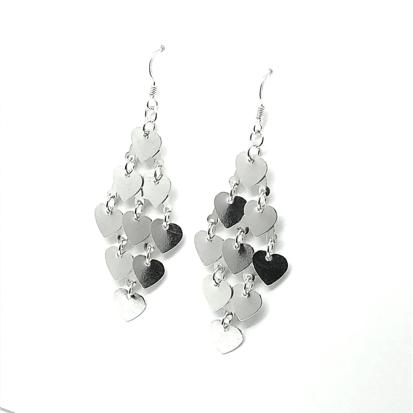 Chandelier Earrings - Womens Sterling Silver 2 5/8in Shimmering Heart Waterfall Earrings - Blingschlingers