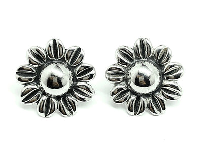Silver Earrings Womens | Bold Round Doming Flower Design Sterling Silver Big Style Earrings