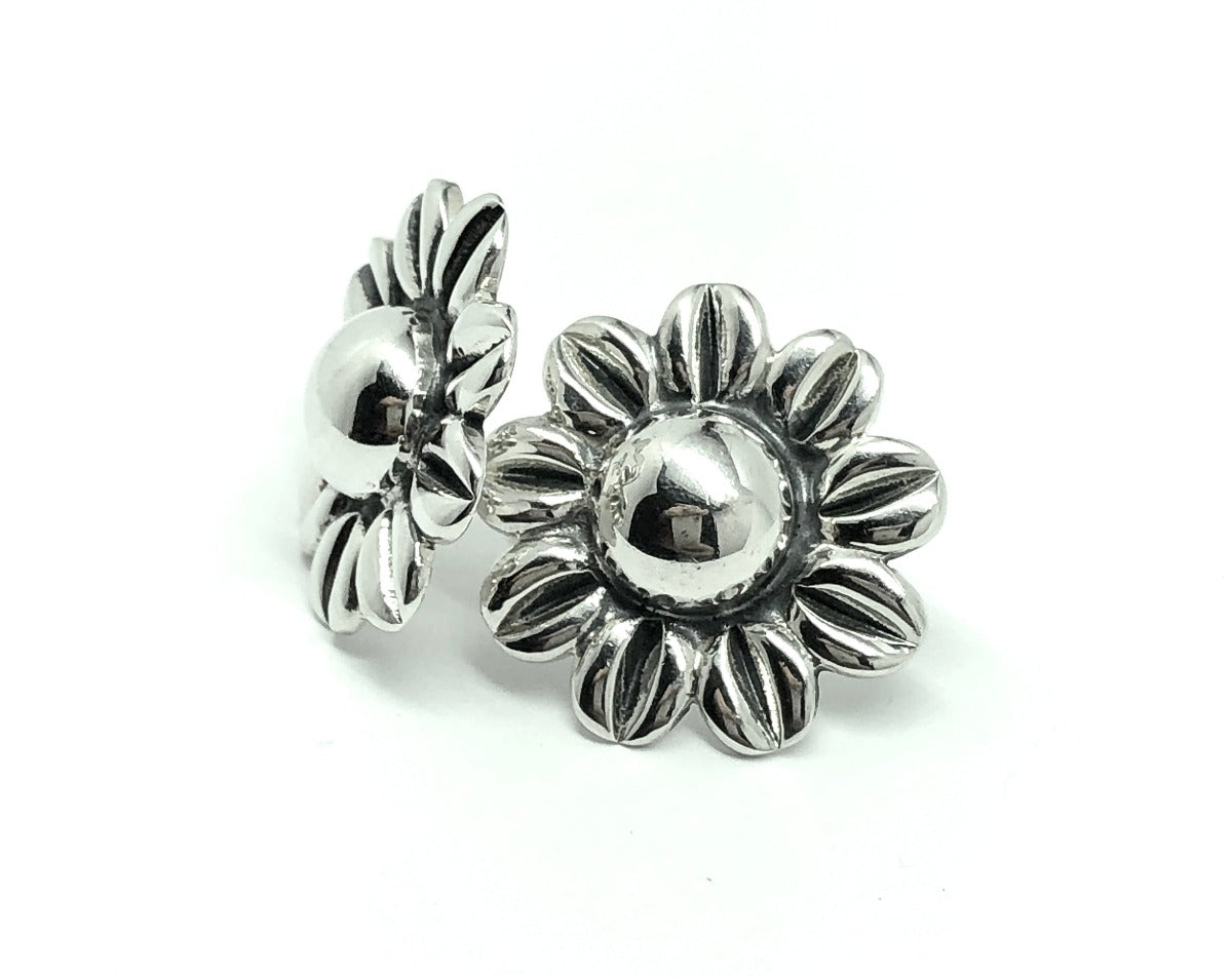 Blingschlingers - Bold Round Doming Flower Design Sterling Silver Big Style Earrings