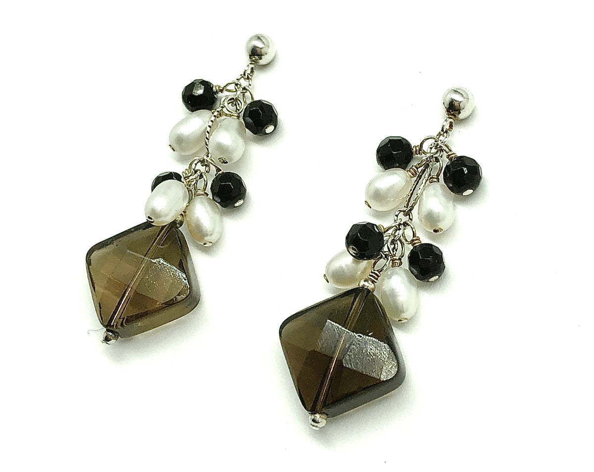 Earrings Womens | Sterling Silver Smoky Quartz Gemstone Drop Pearl Earrings | Blingschlingers Jewelry