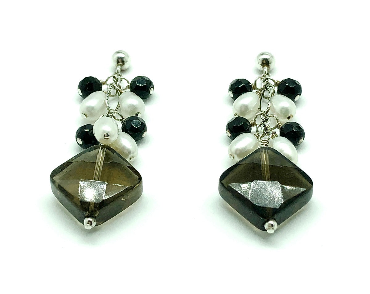 Sterling Silver Smoky Quartz Gemstone Drop Pearl Earrings