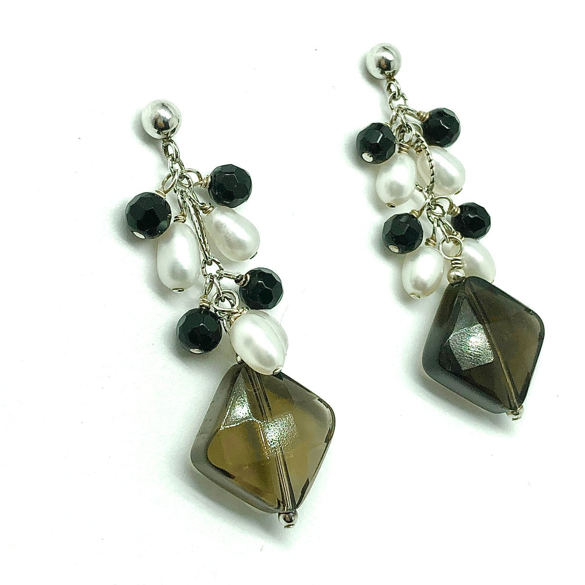 Sterling Silver Smoky Quartz Gemstone Drop Pearl Earrings