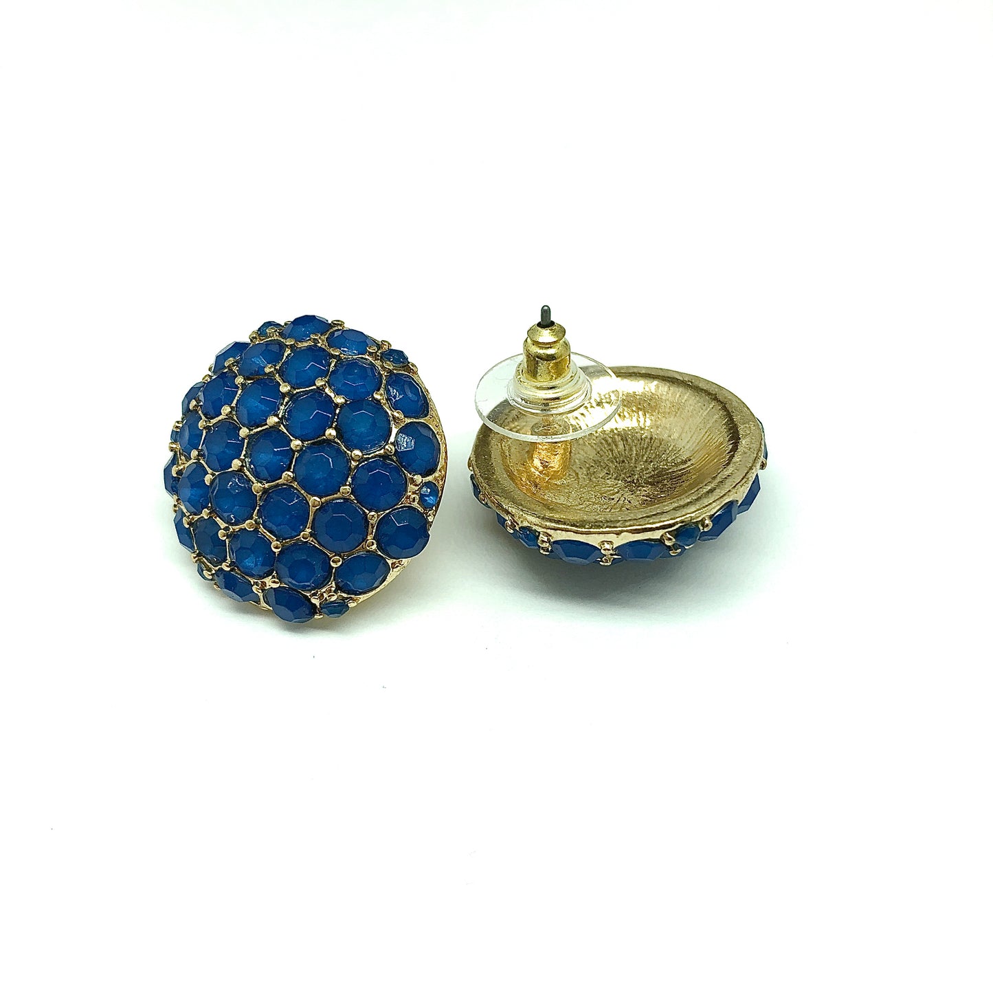 Blingschlingers - Beautiful Blue Gold Honeycomb Dome Design Button Style Earrings