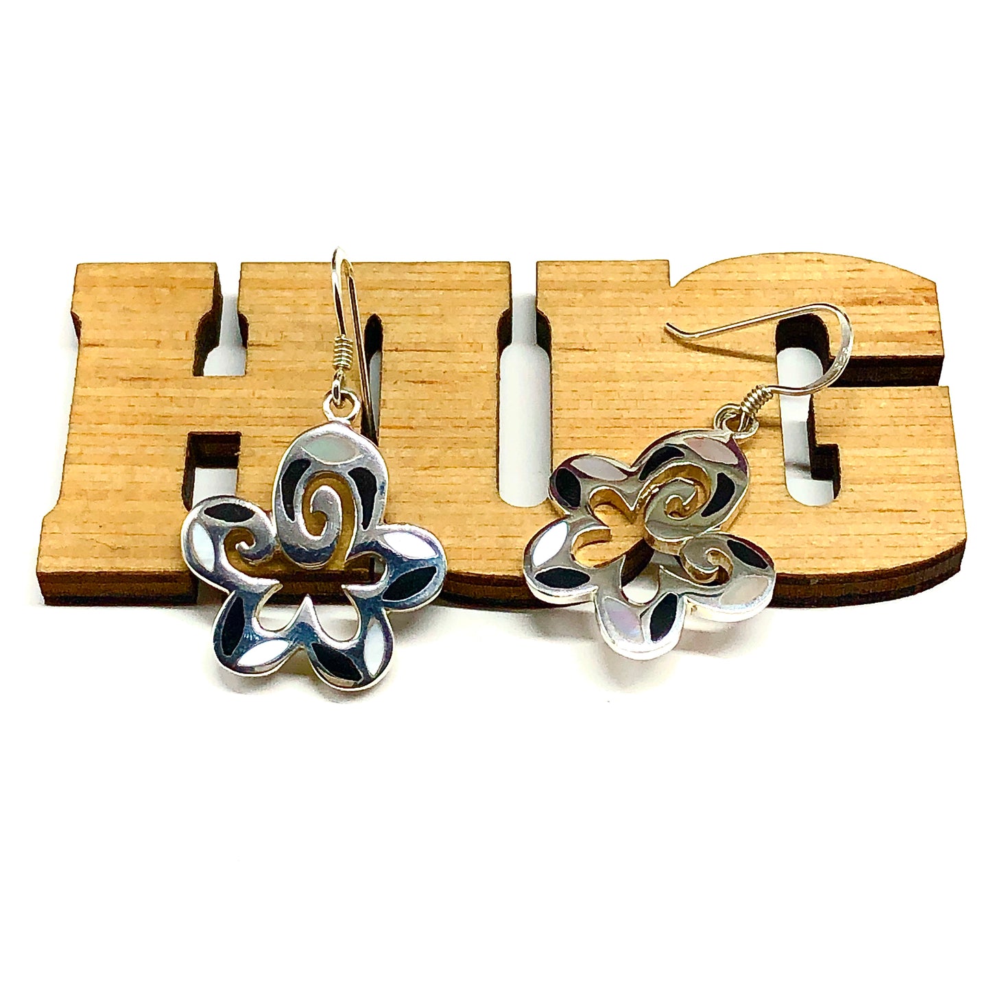 Dangling Black White Flower Sterling Silver Earrings