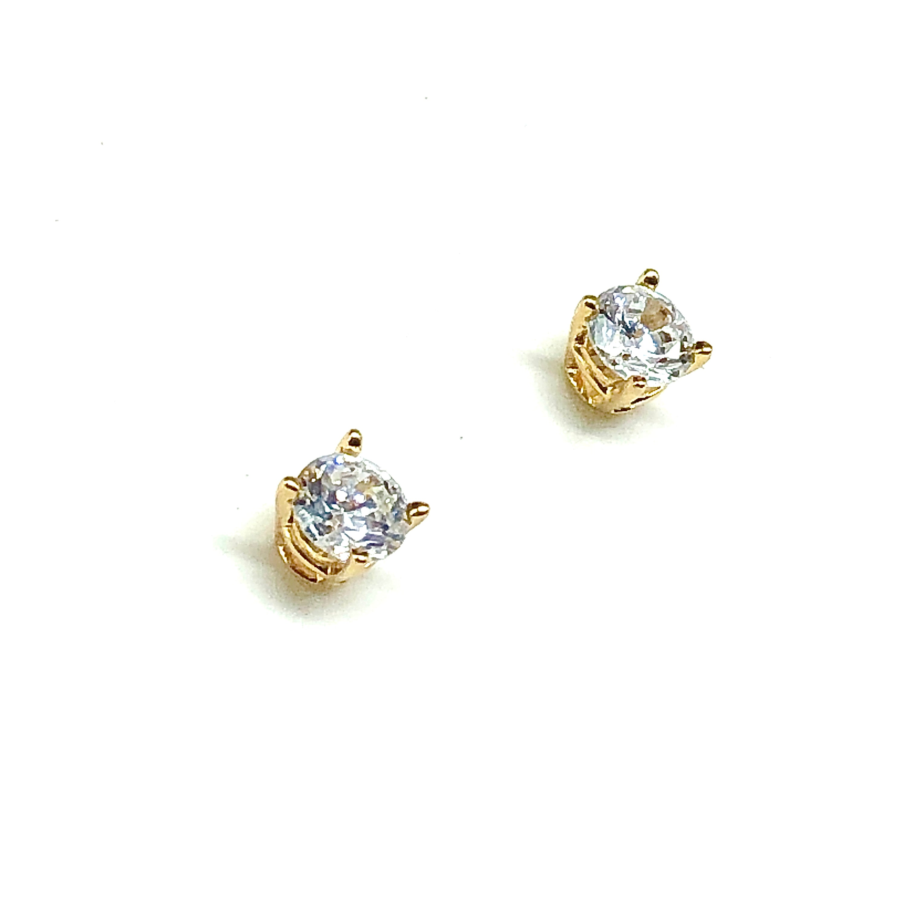 Gold Stud Earrings, Round Brilliant Cut, 4.8mm Gold Plated