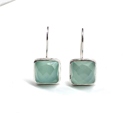Rose cut Chalcedony Stone Square Drop Sterling Silver Earrings