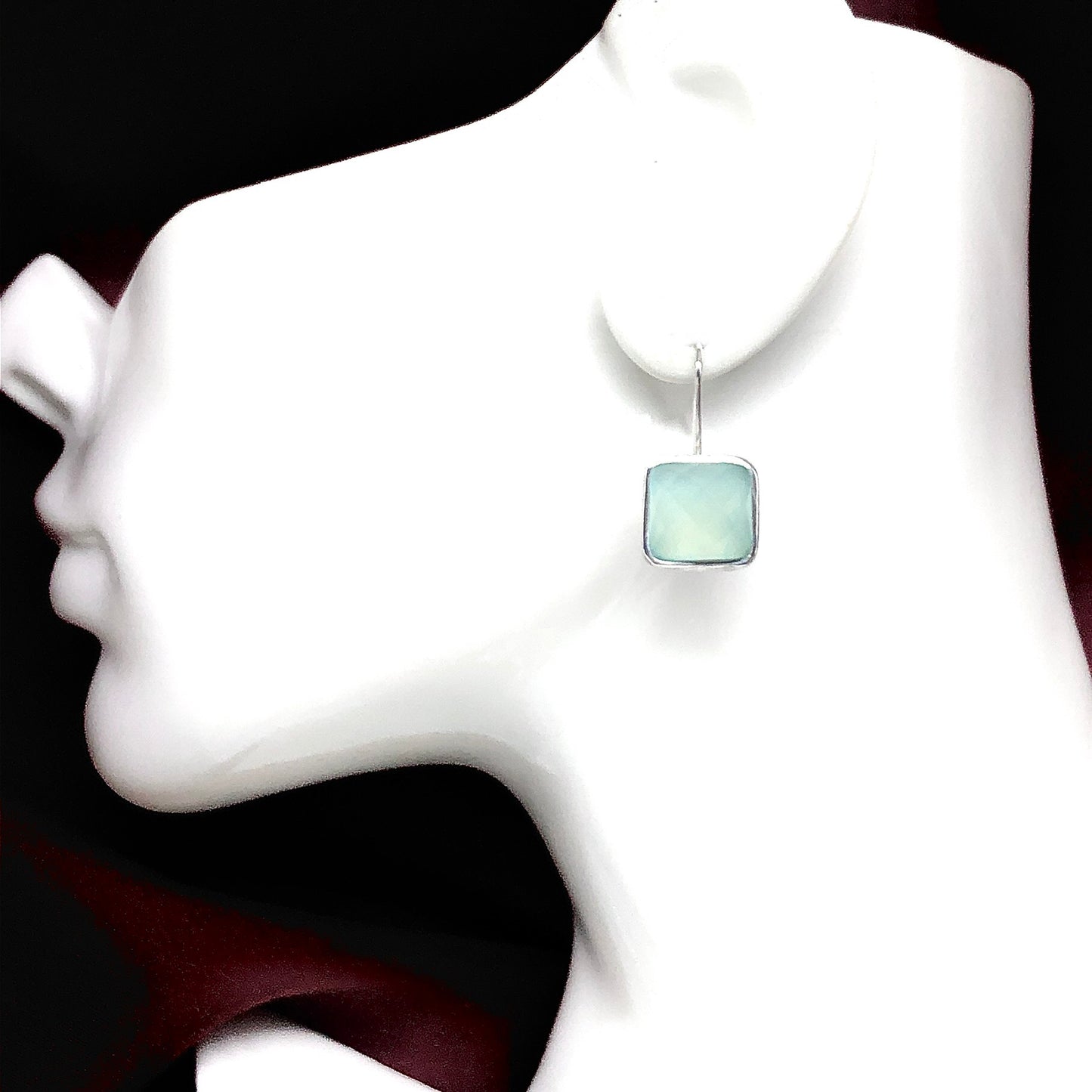 Rose cut Chalcedony Stone Square Drop Sterling Silver Earrings