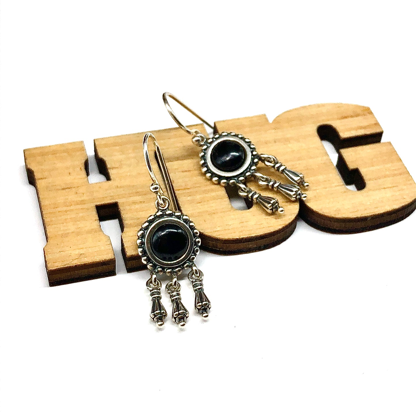 Black Stone Sterling Silver Chandelier Earrings