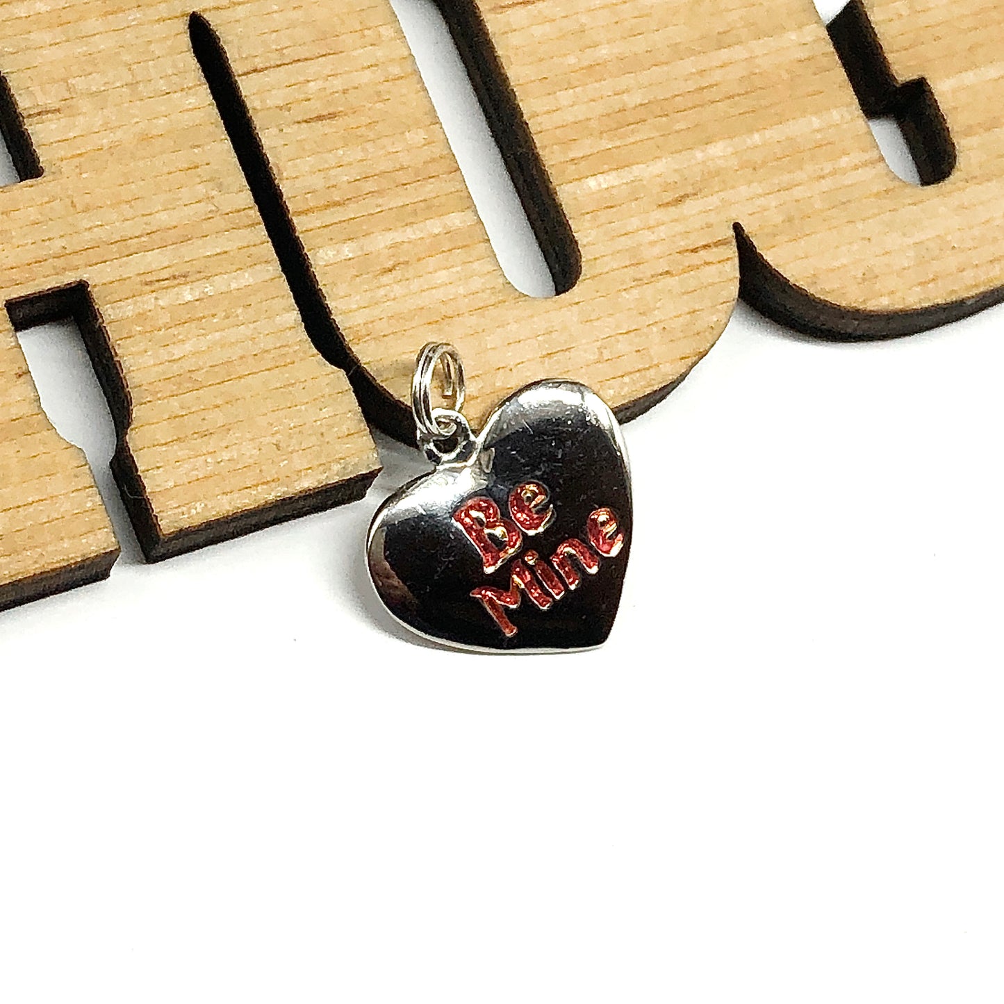 Set of 2 Sterling Silver Red Enamel Be Mine Heart Bracelet Charms