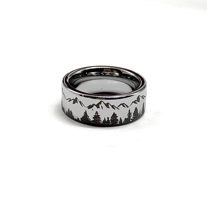 8mm Tungsten Carbide Pine Tree Mountain Pattern Band Ring