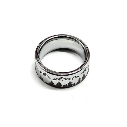 8mm Tungsten Carbide Pine Tree Mountain Pattern Band Ring