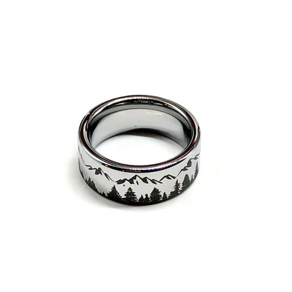 8mm Tungsten Carbide Pine Tree Mountain Pattern Band Ring