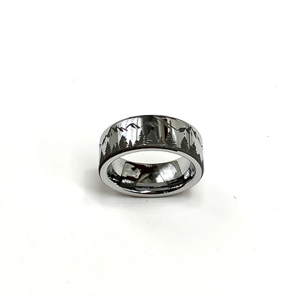 8mm Tungsten Carbide Pine Tree Mountain Pattern Band Ring