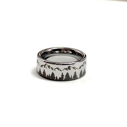 8mm Tungsten Carbide Pine Tree Mountain Pattern Band Ring
