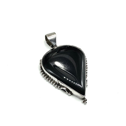 Big Black Agate Stone Sterling Silver Pendant
