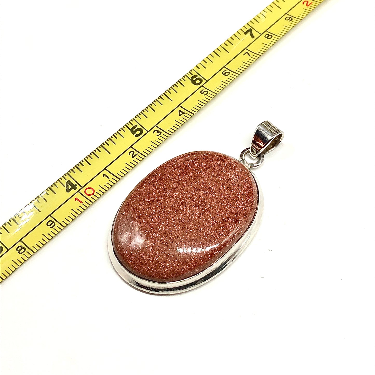 Sterling Silver Pendant, Big Boho Style Oval Glitter Goldstone Pendant
