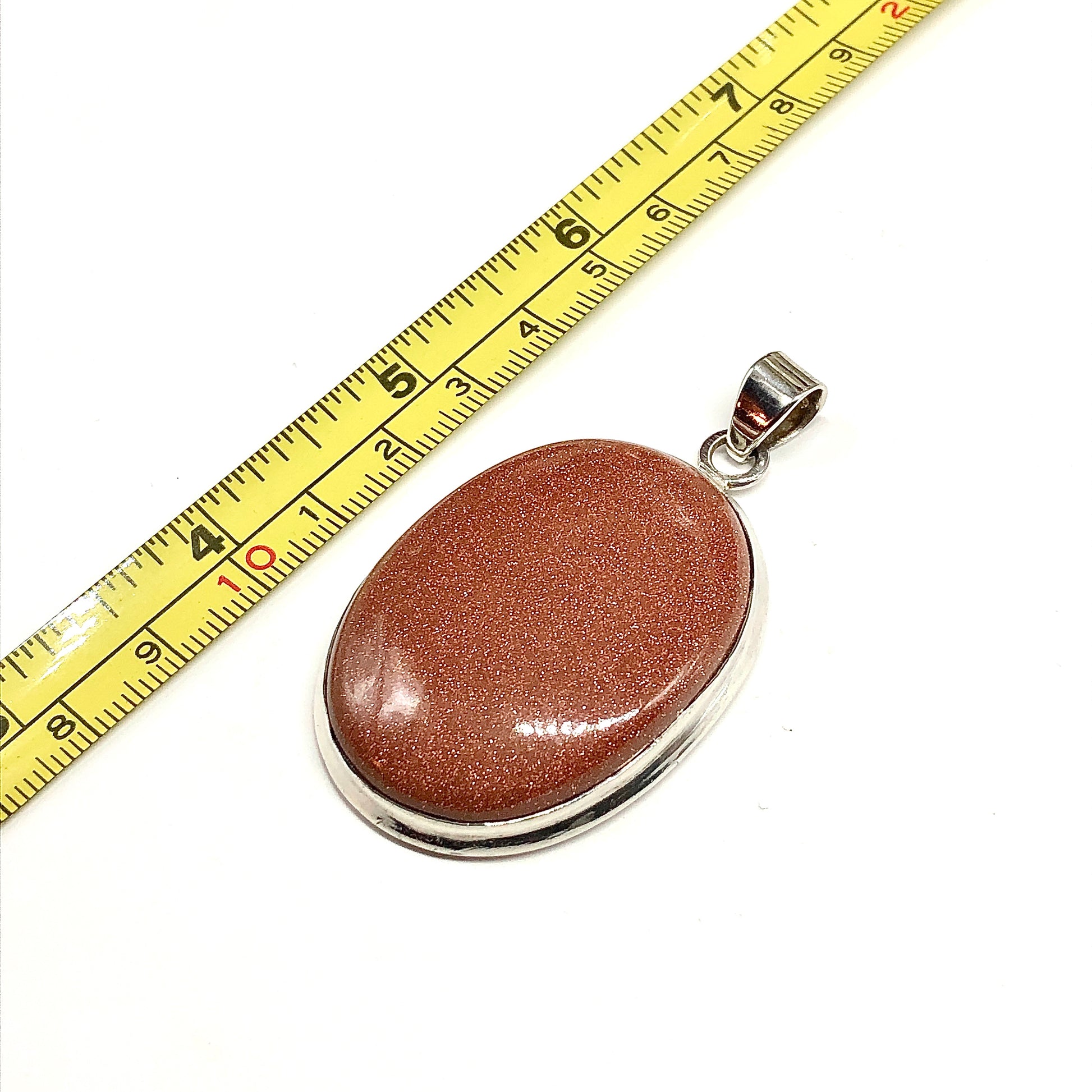 Sterling Silver Pendant, Big Boho Style Oval Glitter Goldstone Pendant
