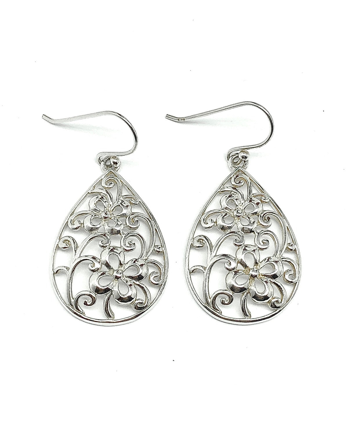 Blingschlingers - Sterling Silver Scrolling Cut-out Filigree Flower Teardrop Dangle Earrings