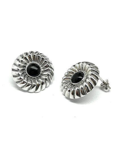 Sterling Silver Fancy Bundt-Style Black Round Short Drop Earrings