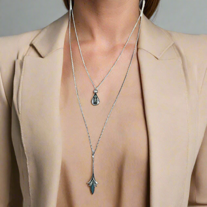 28 inch Necklace 2 Layer Style Sterling Silver Turquoise Charm Necklace