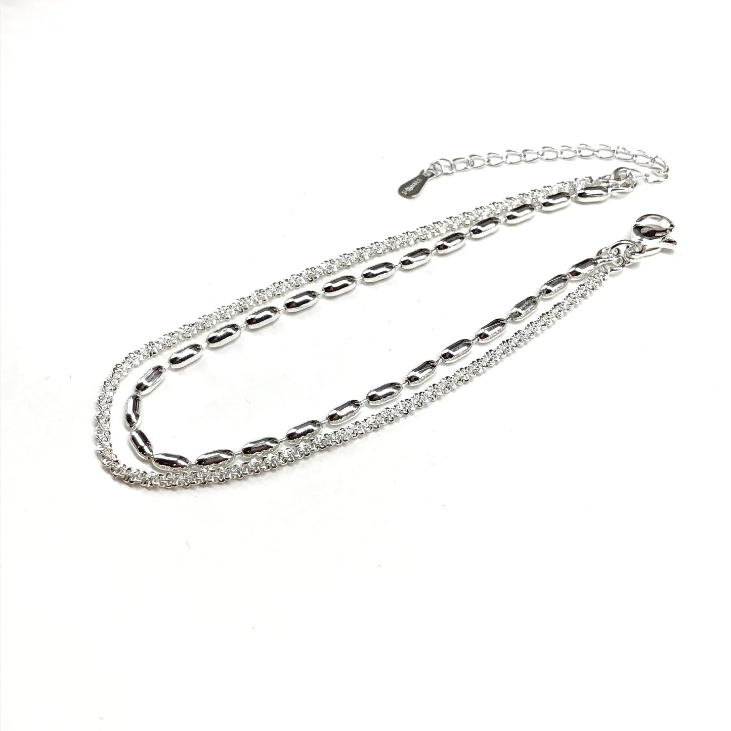 Strand Silver Bracelet, Delicate Oval Rice Bead Ball Glitter Rope Silver Chain Bracelet