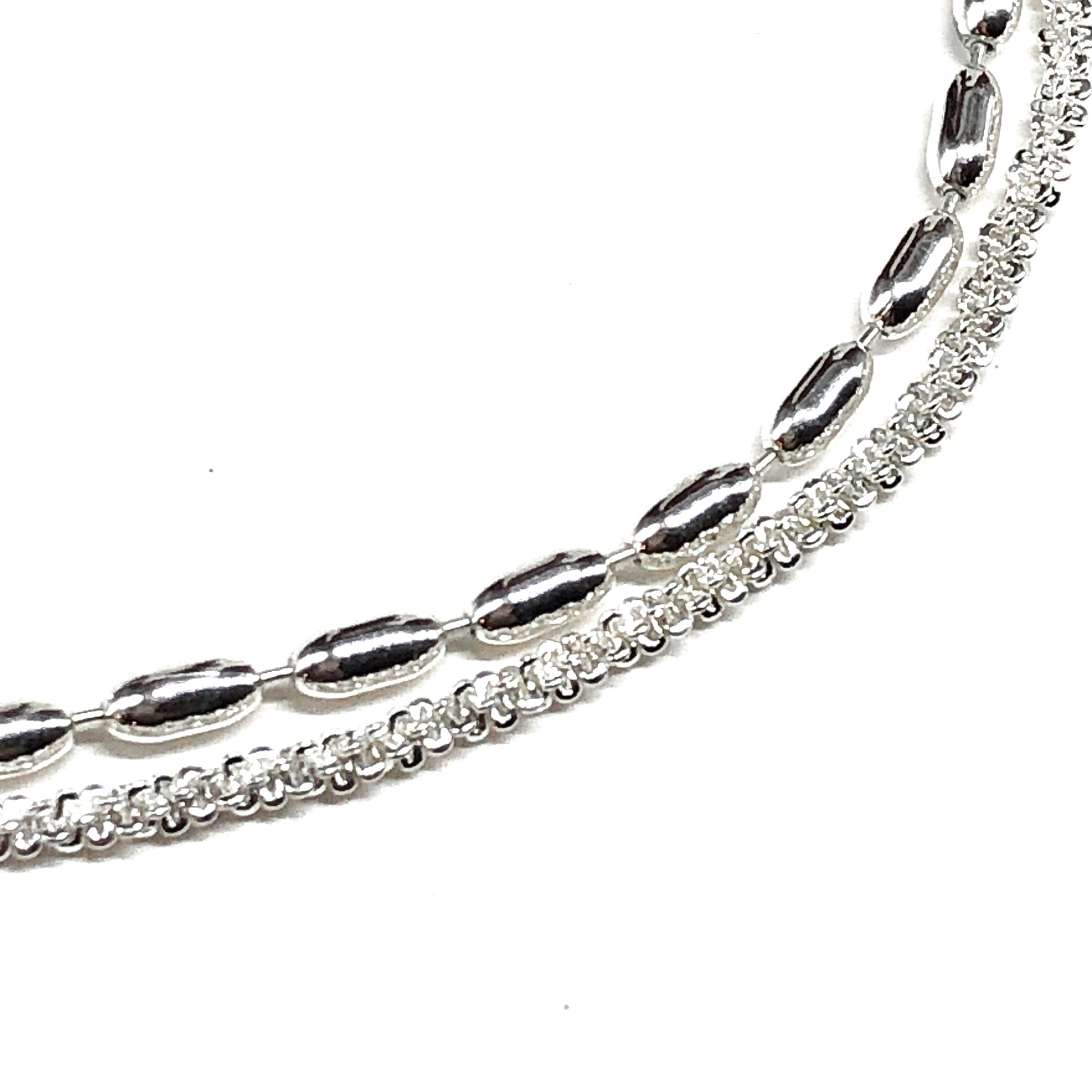 2 Strand Silver Bracelet, Delicate Oval Rice Bead Ball Glitter Rope Bracelet