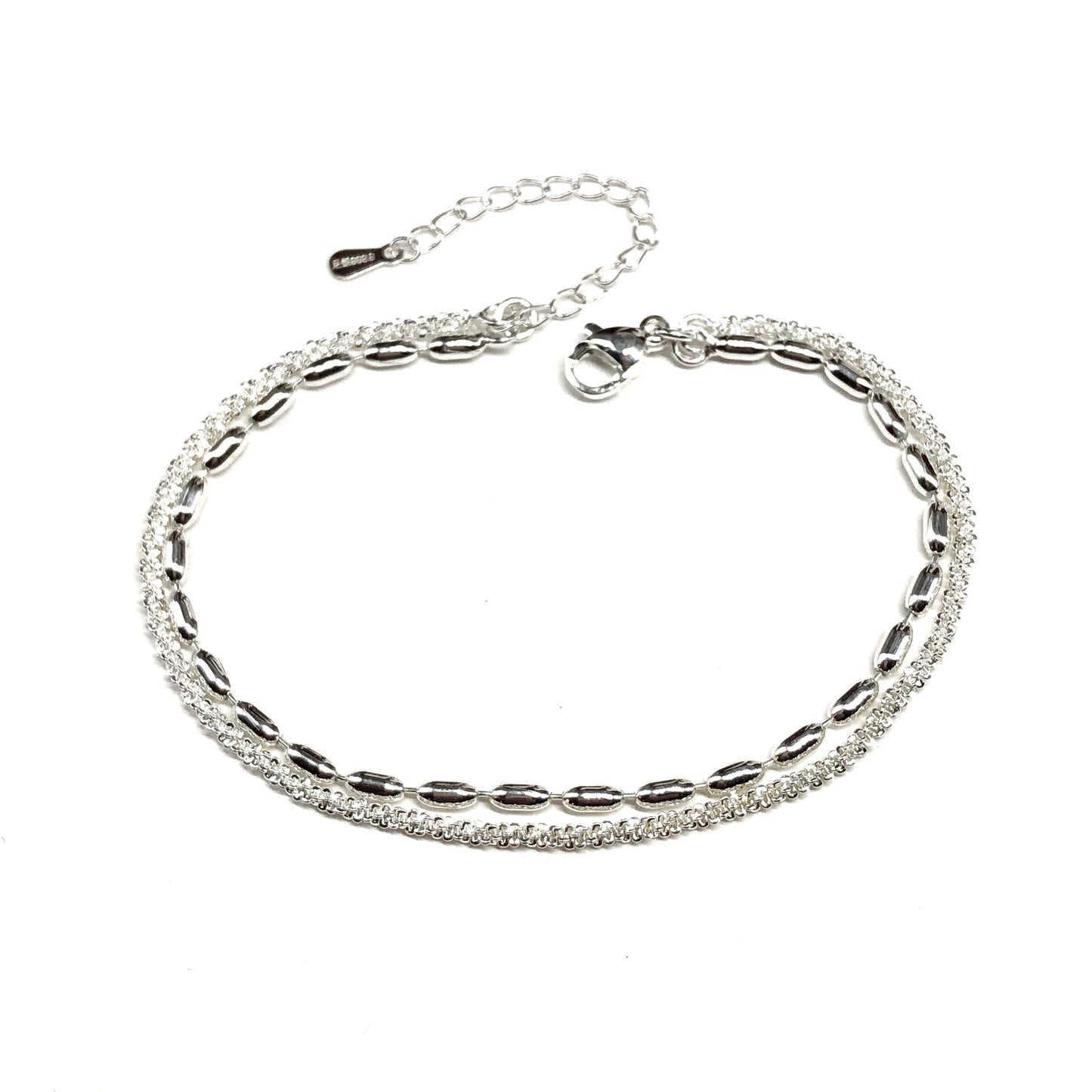 2 Strand Silver Bracelet, Delicate Oval Rice Bead Ball Glitter Rope Silver Chain Bracelet