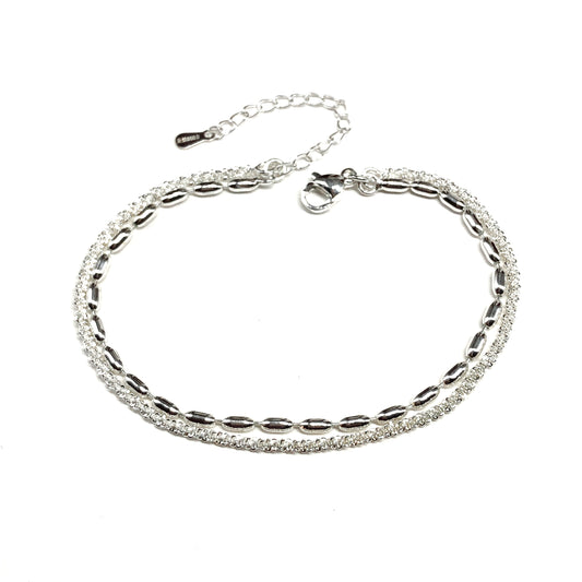 2 Strand Silver Bracelet, Delicate Oval Rice Bead Ball Glitter Rope Silver Chain Bracelet