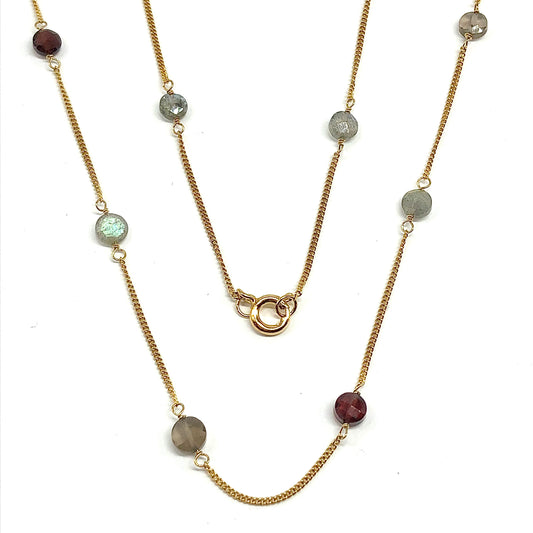 30 inch Necklace, Womens Gold Sterling Silver Labradorite Garnet Quartz Stone Station Necklace