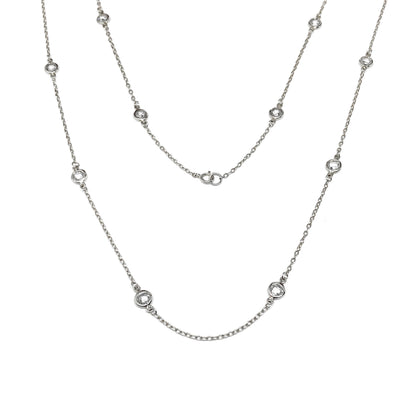 36in 925 Silver White Crystal Station Chain Necklace