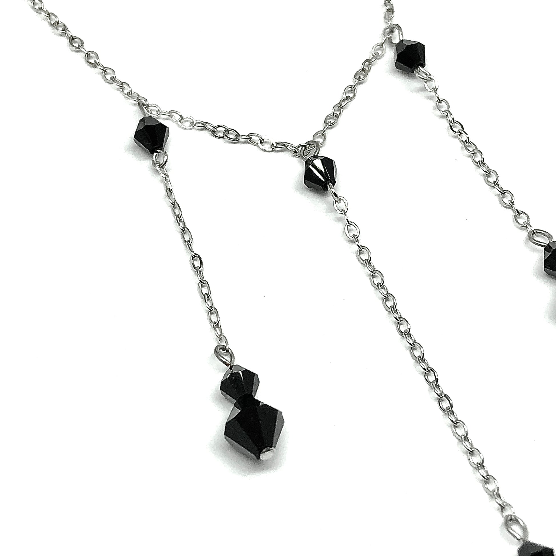 925 Sterling Silver Necklace, 16" Black Crystal Drop Tassel Necklace