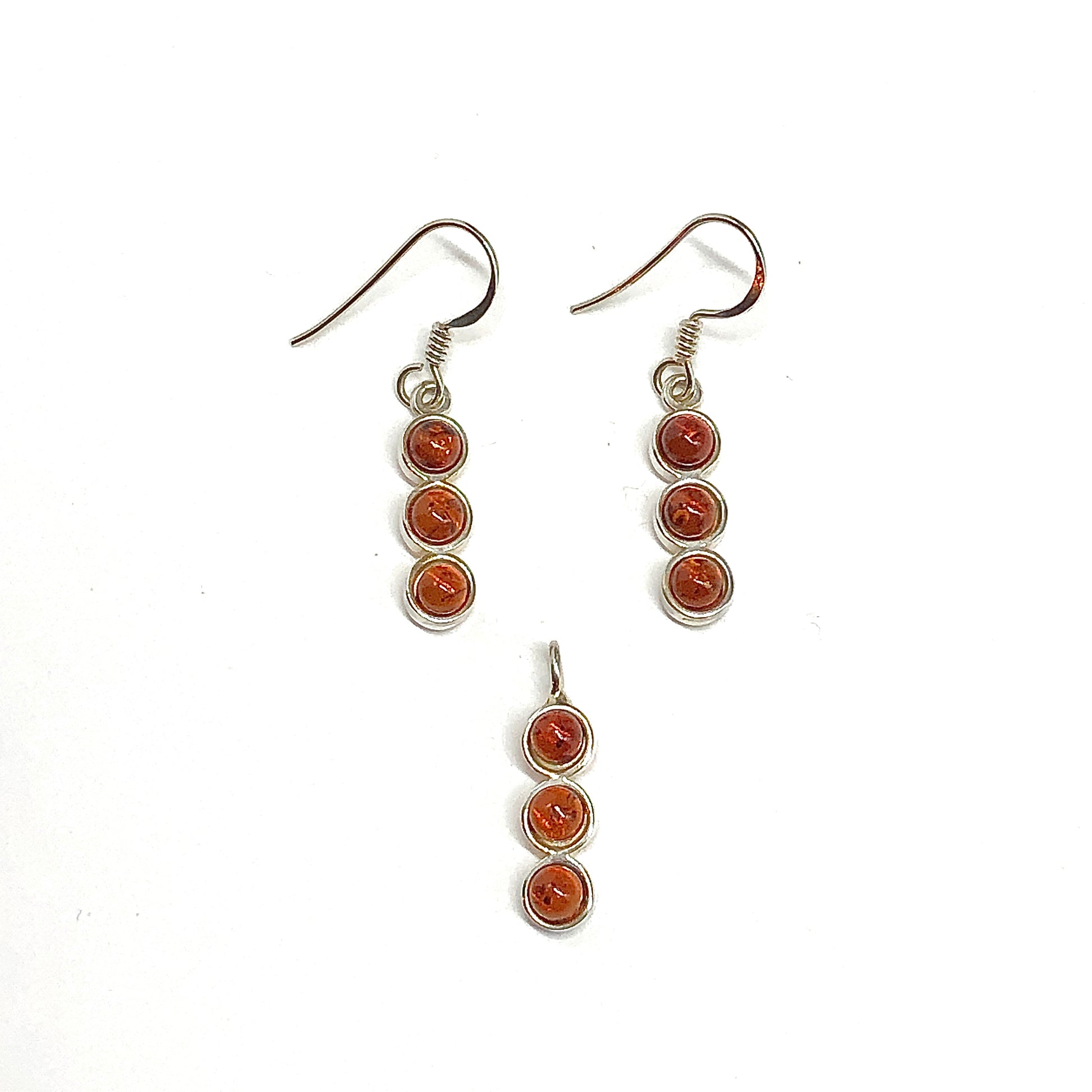 925 Sterling Silver Amber Earrings - Minimalist Matching Amber Dot Pendant & Earrings