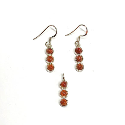 925 Sterling Silver Amber Earrings - Minimalist Matching Amber Dot Pendant & Earrings