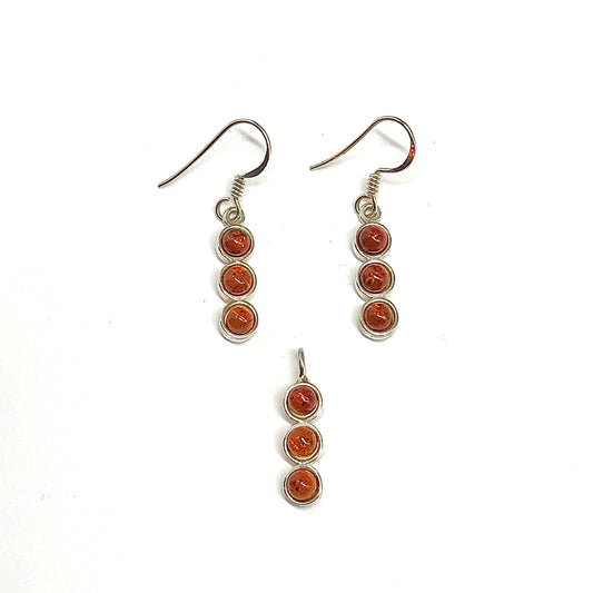 925 Sterling Silver Amber Earrings - Minimalist Matching Amber Dot Pendant & Earrings