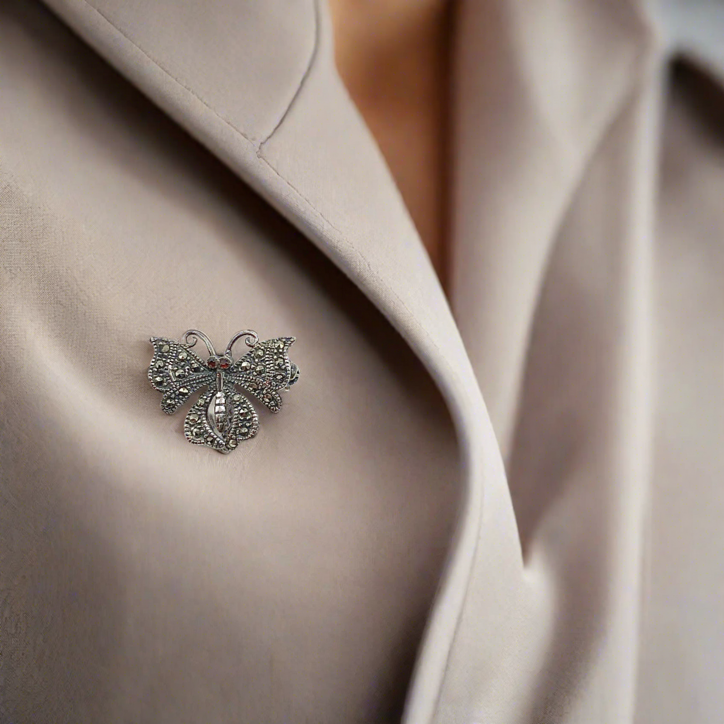 Sterling Silver Marcasite Stone Butterfly Brooch Lapel Pin